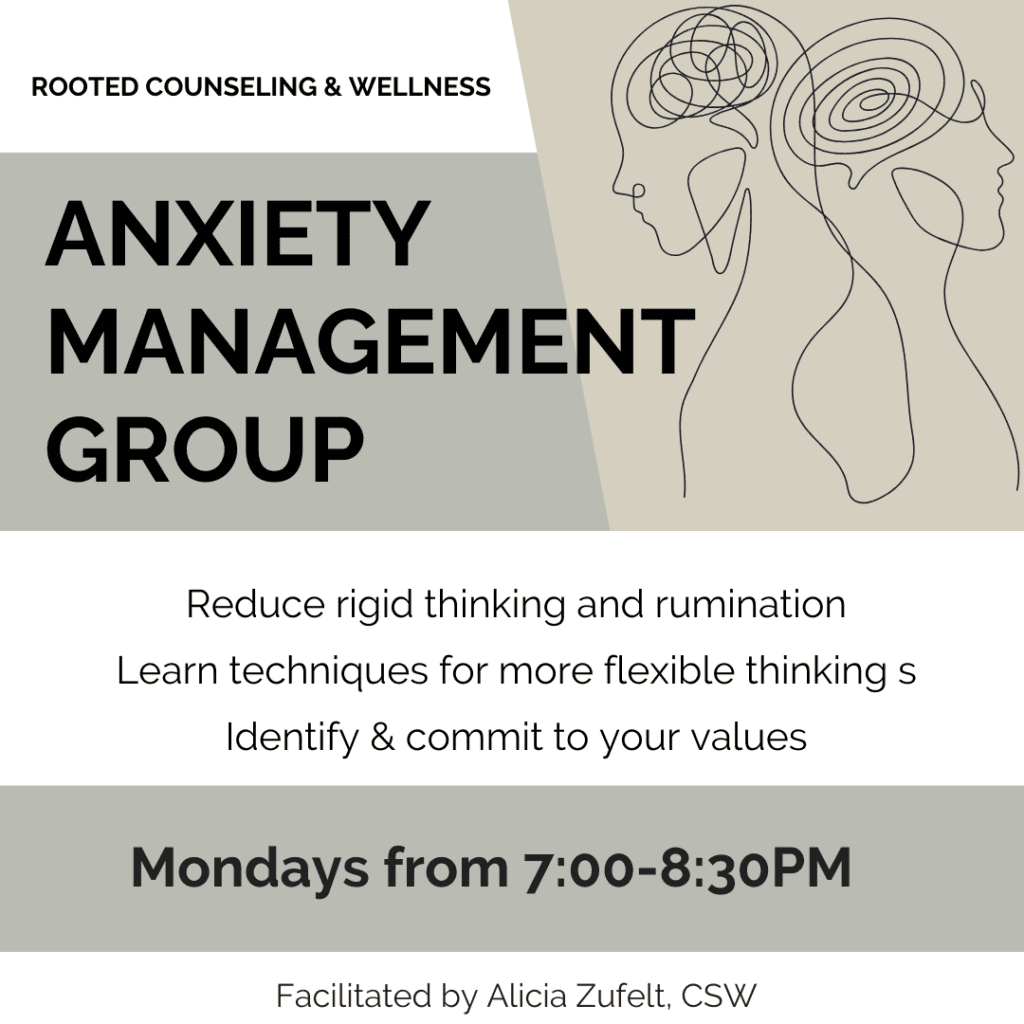 Rooted Counseling & Wellness' Anxiety Management Group Flyer | Groups, Classes & Workshops | Rooted Counseling & Wellness | Counseling in Draper Utah | Group Therapy & Restorative Yoga Draper, UT